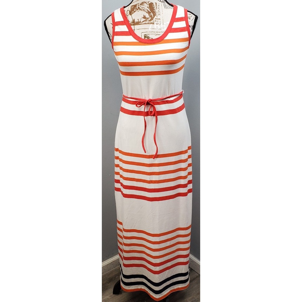 Talbots Maxi Dress Women Petites M Multi Striped Sleeveless Round Neck Tie Waist